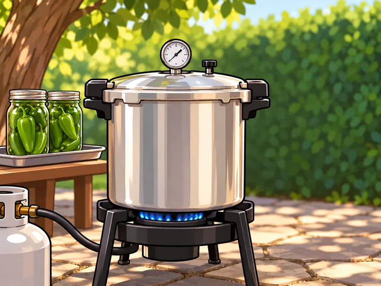 A pressure canner with a dial gauge on an outdoor burner, two jars of whole green peppers beside it.
