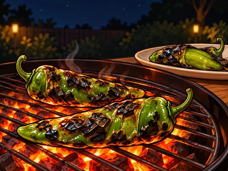 Two long green chiles with blistered black skin on a charcoal grill at night, one peeled on a plate.