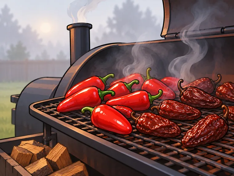 Red jalapeños on a smoker rack, half of them shrunk dark and wrinkled, in morning fog.