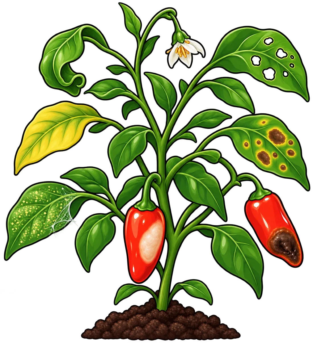 A pepper plant showing eight problems at once: a curled leaf, a yellow leaf, a leaf with holes, a spotted leaf, a speckled leaf with webbing, a falling flower, a pod with a pale sunburned patch and a pod with a dark rotten tip.