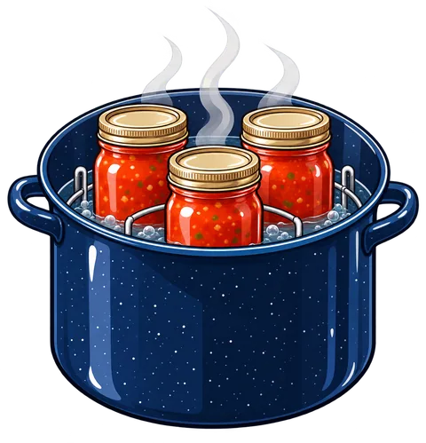 A blue enamel canning pot holding three half-pint jars of red sauce, steam rising.