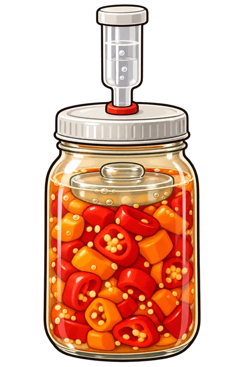 A quart jar of chopped chiles under cloudy brine with an airlock in the lid.