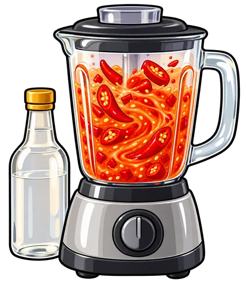 A blender jar of chopped red chiles and vinegar beside a small bottle of vinegar.