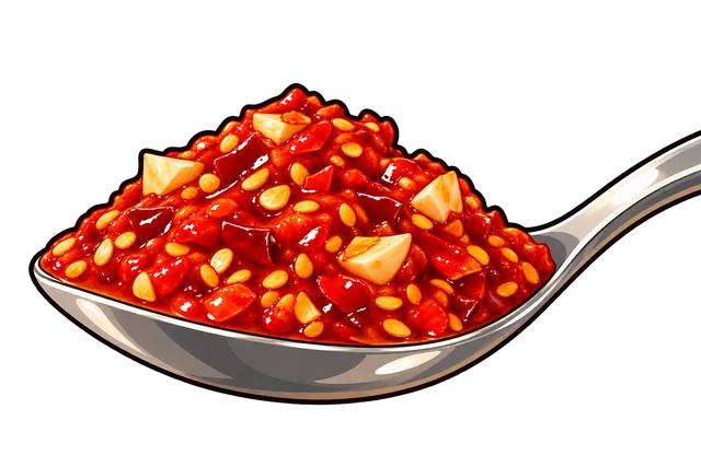 A steel spoon heaped with chunky red chili paste full of seeds and garlic bits.