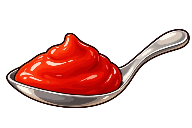 A steel spoon holding a smooth, glossy mound of red chili paste.