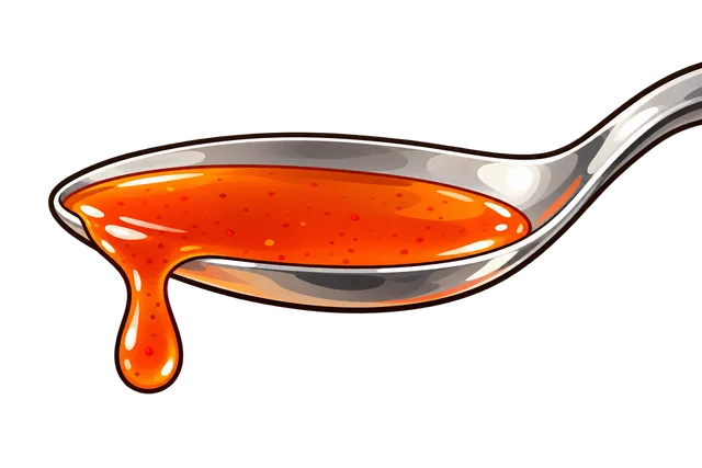 A steel spoon of thin orange-red sauce pooling flat, one drop running over the edge.