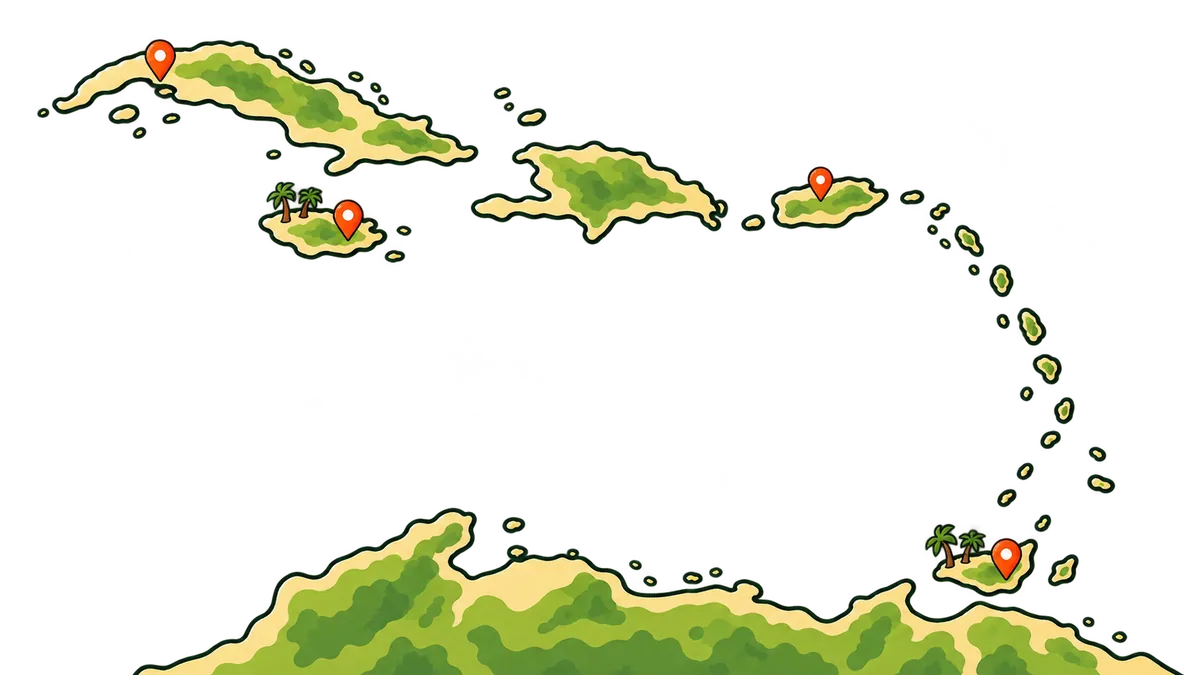 An illustrated map of the Caribbean, from Cuba and Jamaica across to Puerto Rico and down the island chain to Trinidad off the coast of South America, with pins on four islands.