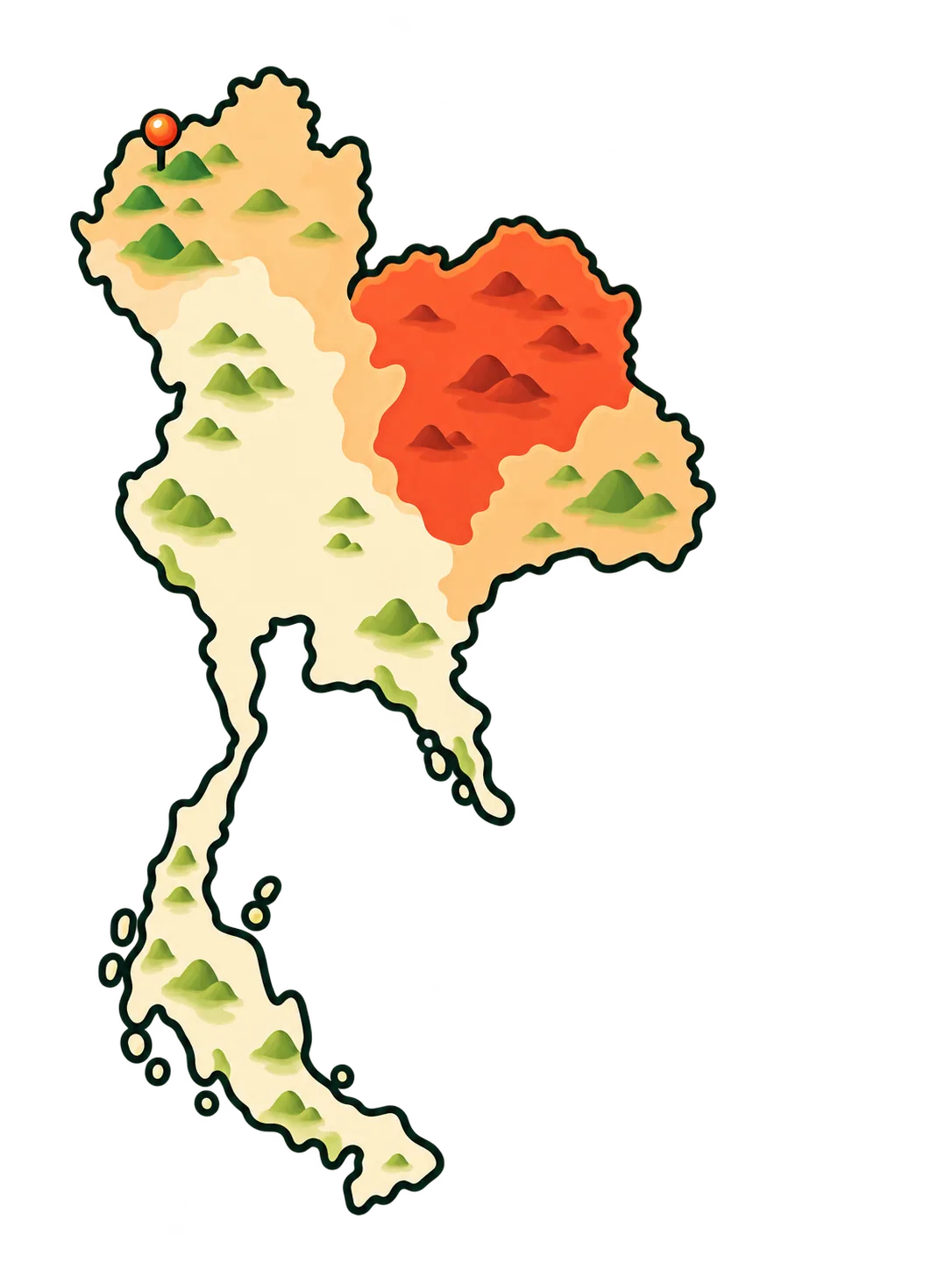 An illustrated map of Thailand with the Northeast plateau shaded red, the North and East shaded peach, and a pin in the northwest hills of Mae Hong Son.