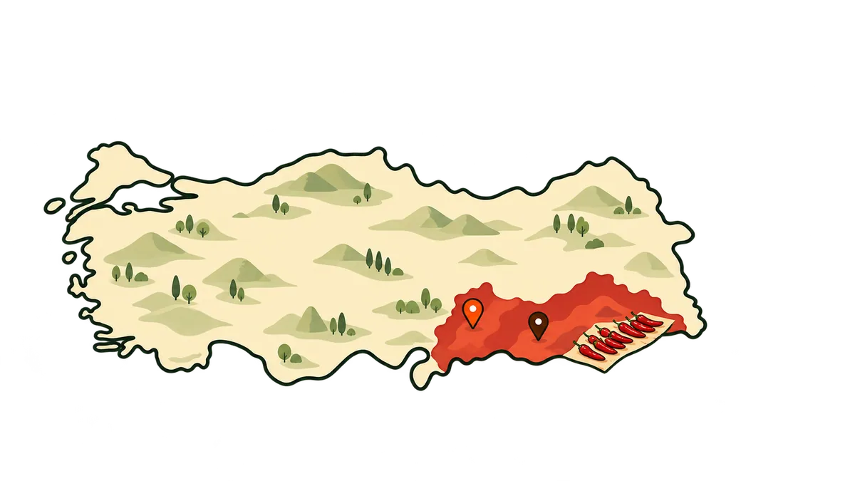 An illustrated map of Turkey with its south-east corner along the Syrian border shaded red, a pin on Kahramanmaraş and a dark pin on Şanlıurfa.