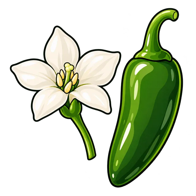 One pure white pepper flower beside a glossy green jalapeño-type pod.