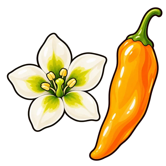 A white pepper flower with greenish-yellow spots beside a long orange ají pod.