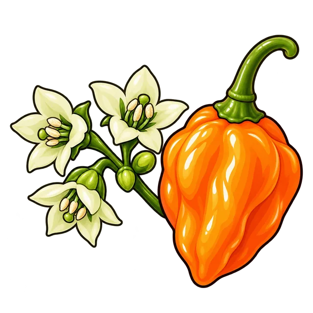 A cluster of three greenish-white pepper flowers beside an orange habanero pod.