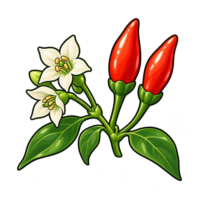 Two greenish-white pepper flowers beside two small upright red pods.