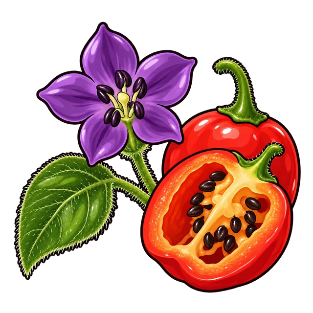 A dark purple pepper flower and a hairy leaf beside a halved rocoto with black seeds.