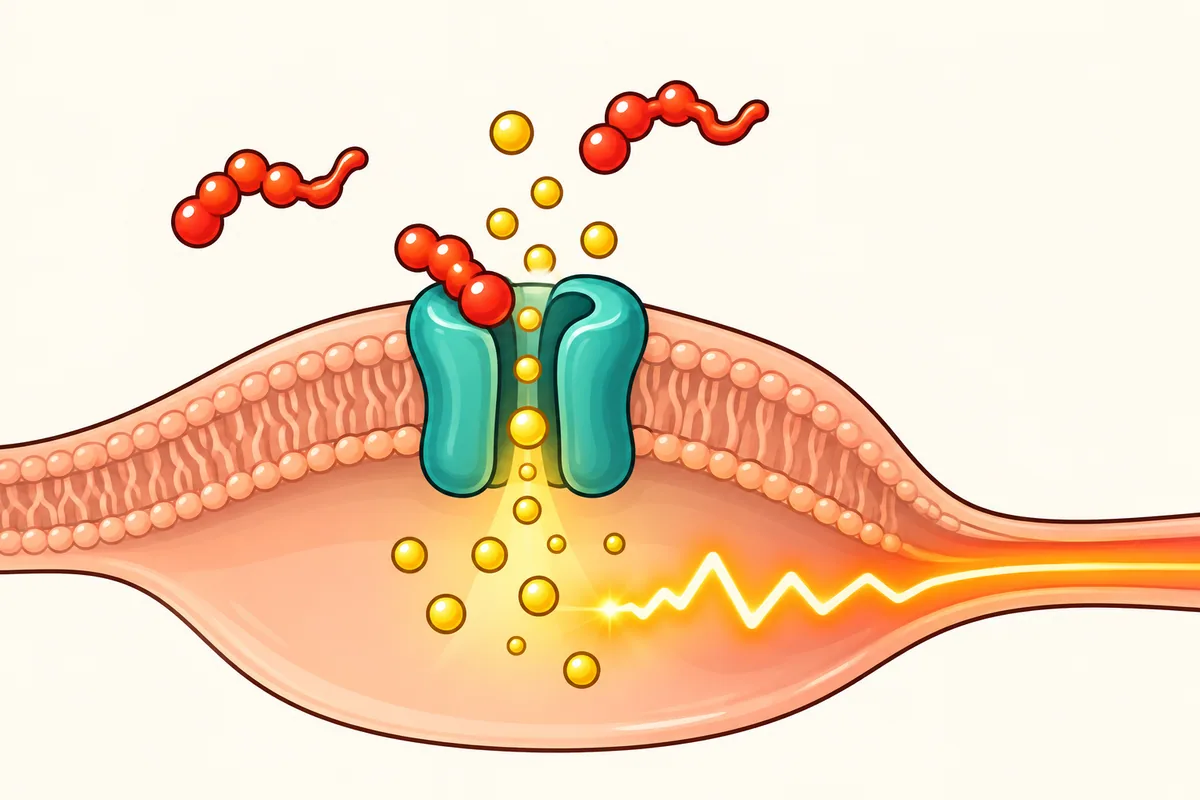 A cartoon of a nerve ending: capsaicin molecules dock on an open channel in the cell wall, gold calcium dots stream in and an orange spark runs along the nerve.