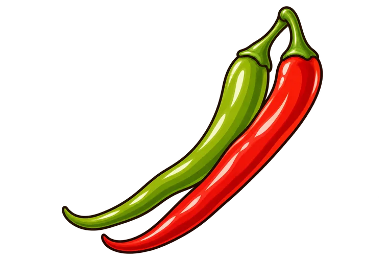 Two long, very slender chili pods, one light green and one glossy red, joined at their stems.