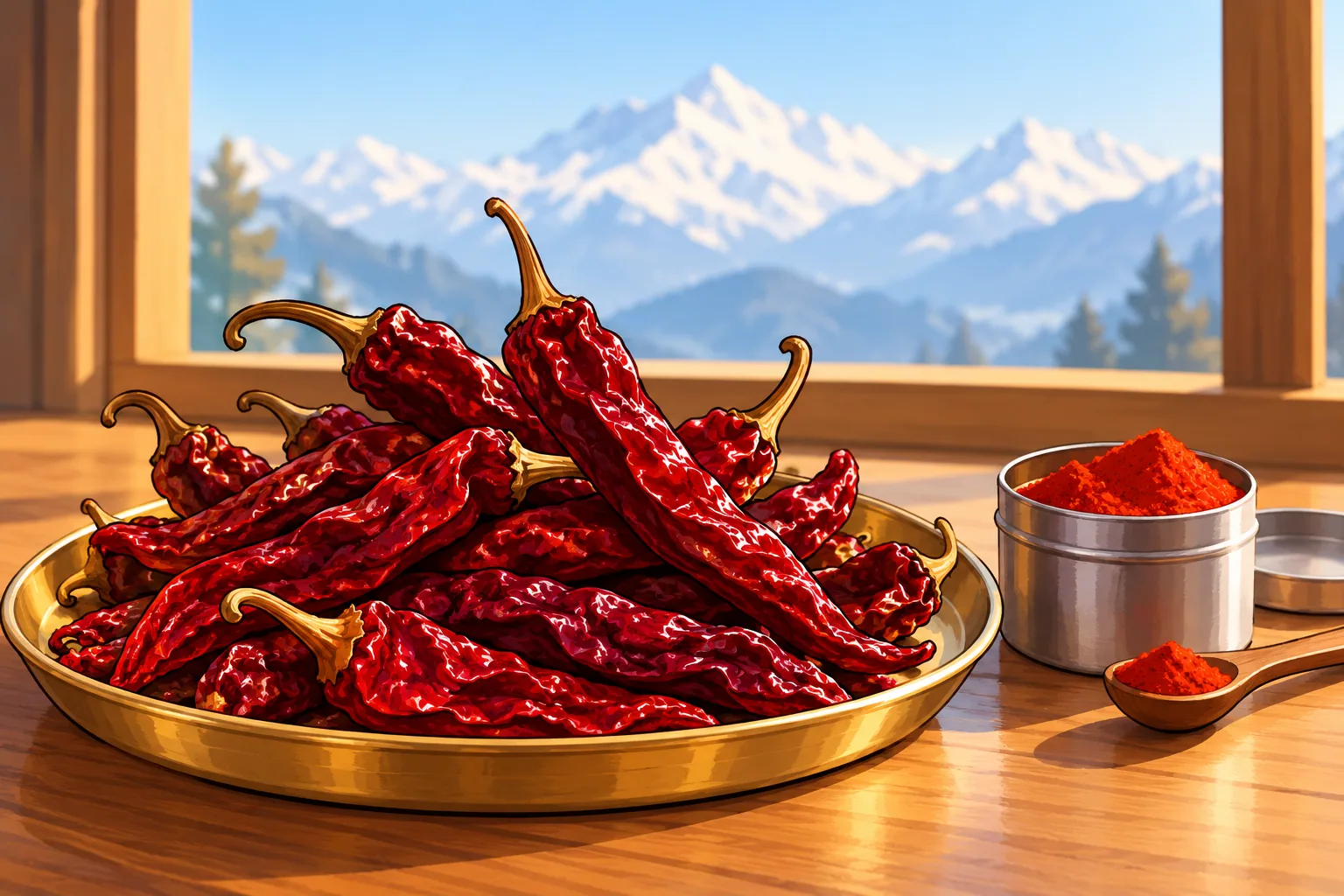 A brass tray heaped with long, wrinkled, deep crimson dried Kashmiri chilies by a window with snowy mountains, and a small tin of bright red powder with a wooden spoon beside it.