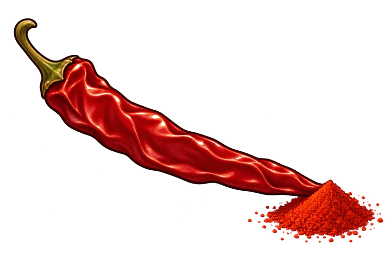 A long dried deep red paprika pod with a wrinkled glossy skin, with a small mound of brick-red ground paprika at its tip.