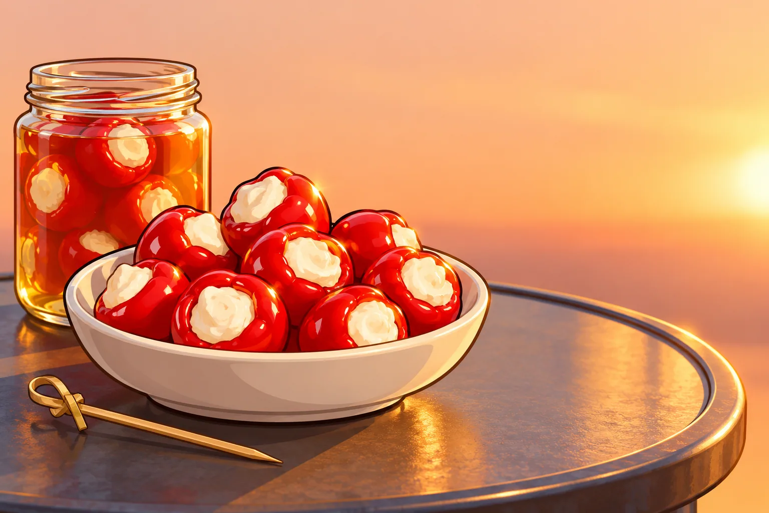 A white bowl of small round red pickled peppers filled with soft white cheese on a rooftop café table at sunset, with an open jar behind it.