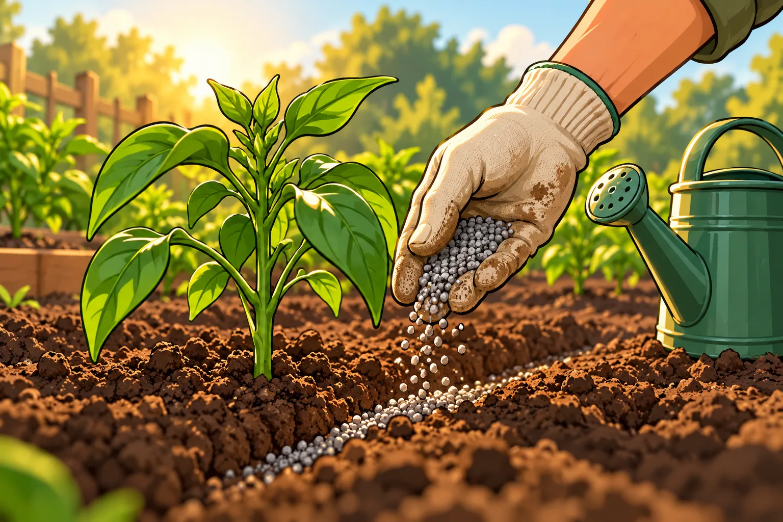 A gardener's hand sprinkling granular fertilizer in a shallow groove a hand's width from a pepper plant, with a watering can waiting beside the row.