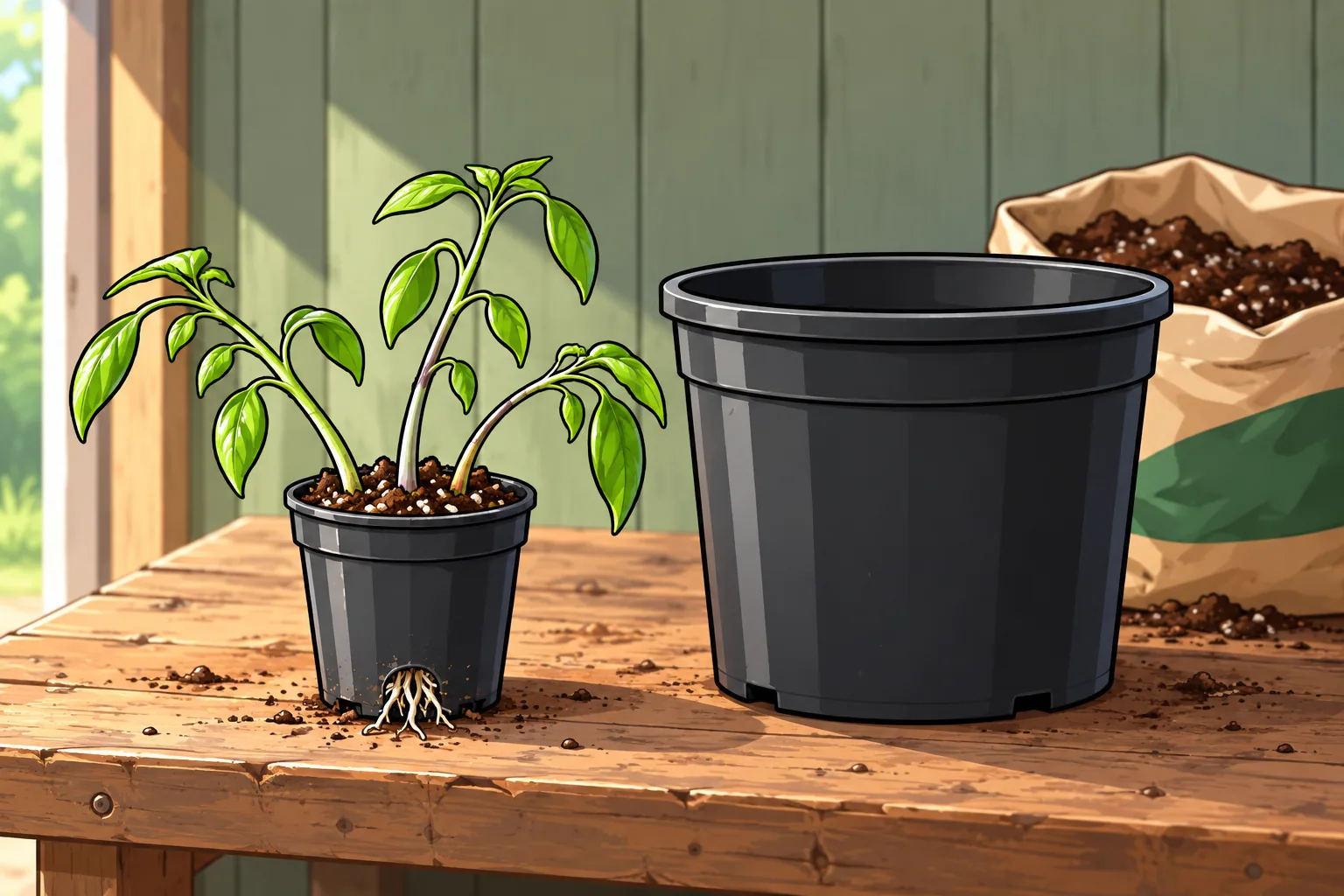 A small pot crammed with three leggy pepper seedlings, roots poking out of its drainage hole, beside a large empty black 5-gallon pot on a shed potting table.
