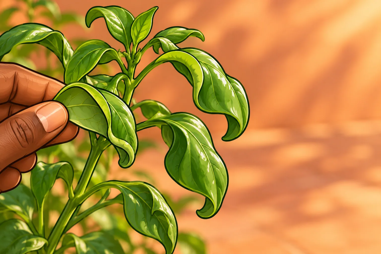 A pepper plant on a sunny patio with several leaves rolled downward at the edges, one leaf turned over in a hand to show its underside.