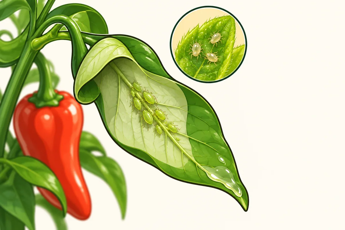 A curled pepper leaf turned over to show a cluster of small green aphids along the midrib, a shiny sticky patch, and a round hand-lens inset.