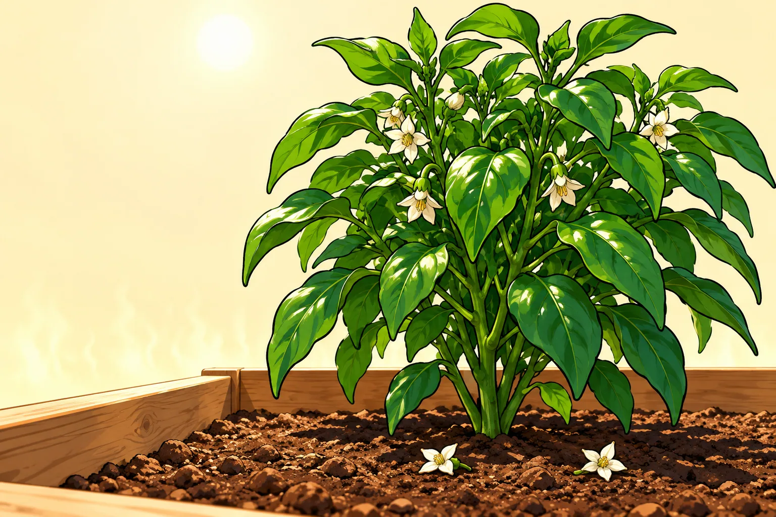 A tall, bushy pepper plant in a raised bed with a few white flowers and no peppers, two fallen flowers on the soil below, under a hot white midday sky.