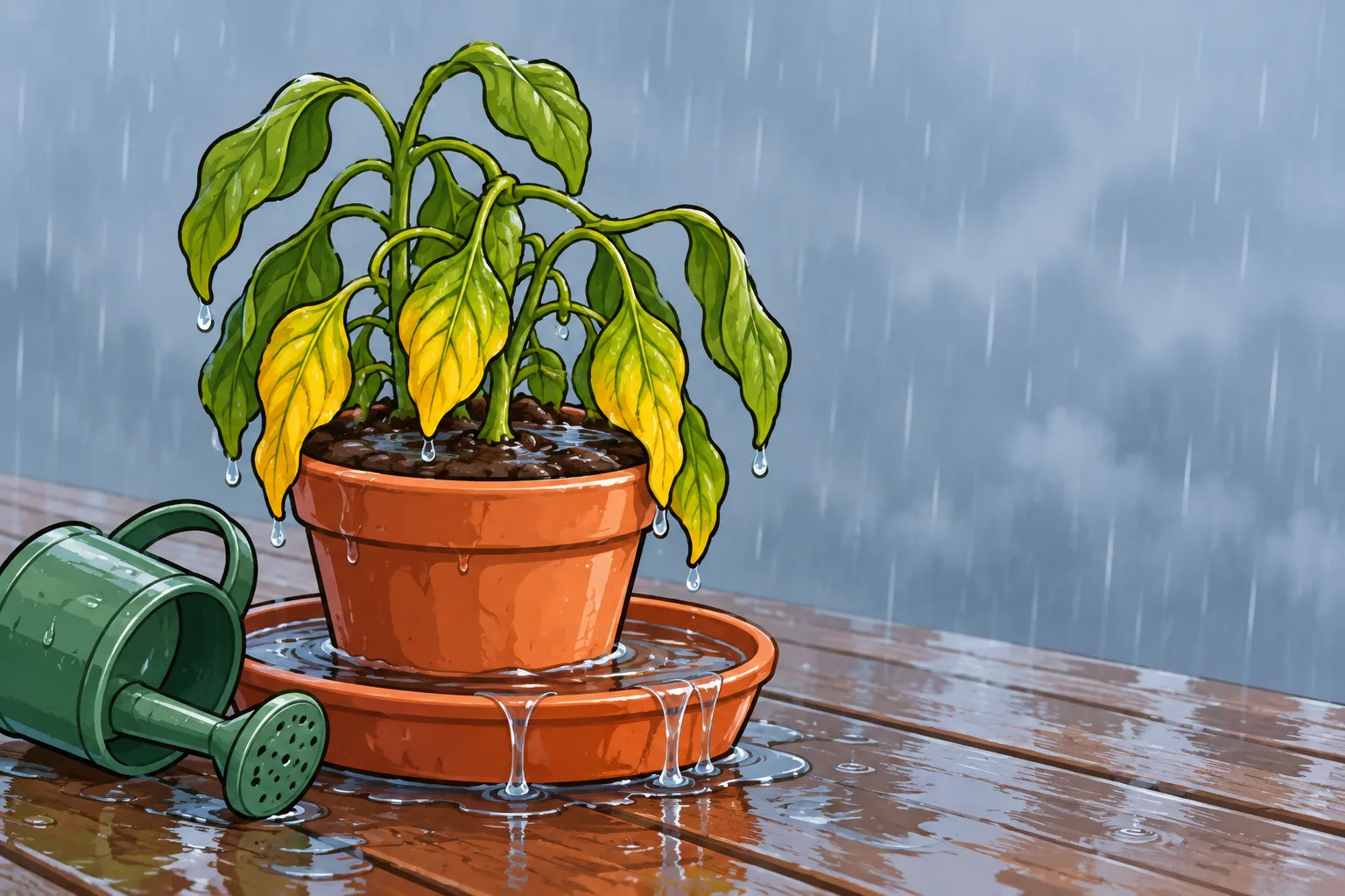 A drooping pepper plant with yellow lower leaves in a terracotta pot standing in a saucer overflowing with water, on a wet wooden step in the rain.