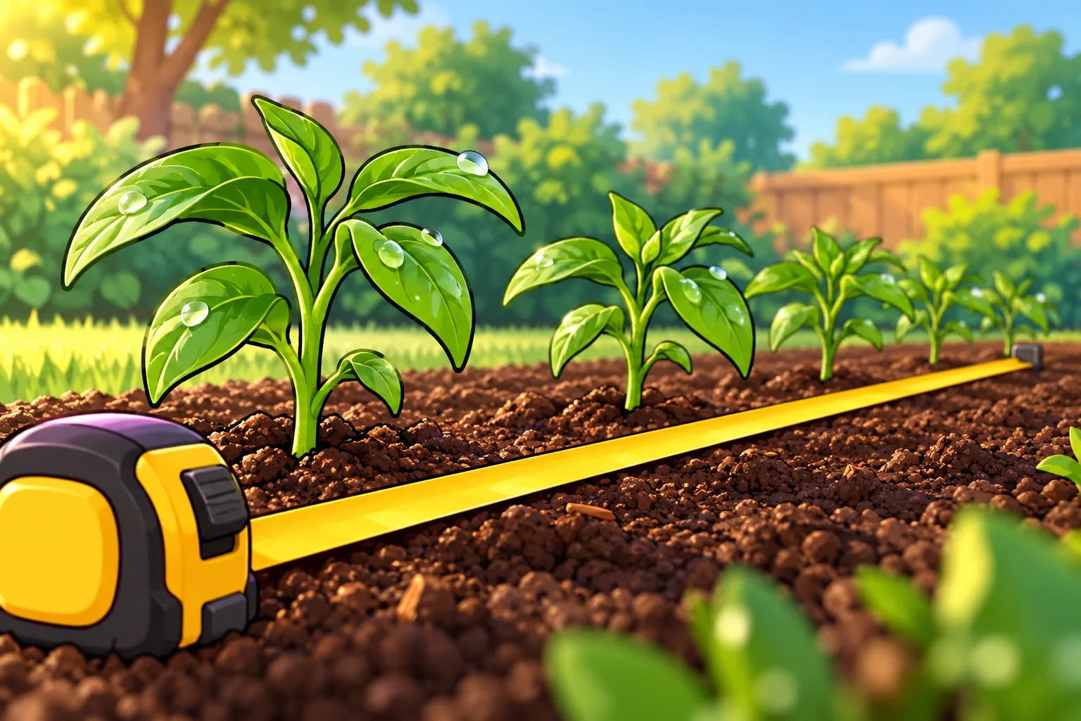 A gardener's tape measure stretched along a freshly planted row of young pepper plants in a backyard bed.
