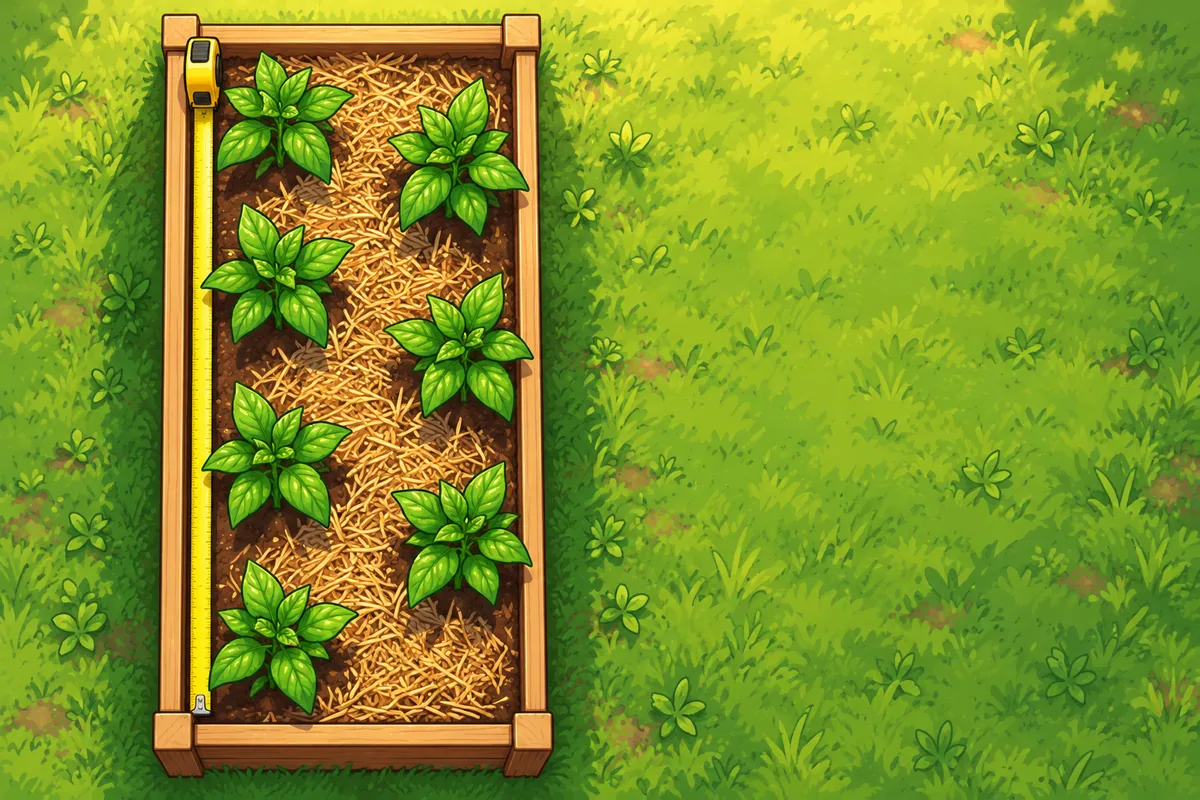 A top-down view of a narrow raised bed with two zigzag rows of young pepper plants, each plant facing a gap in the other row.