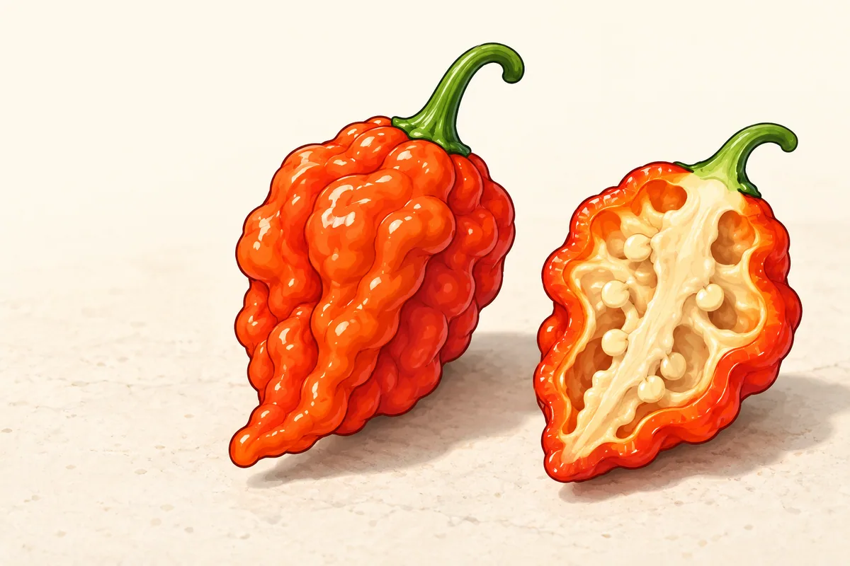 A Pepper X pod cut in half lengthwise beside a whole pod, showing pale placenta tissue packed into the folds of a deeply ridged wall.