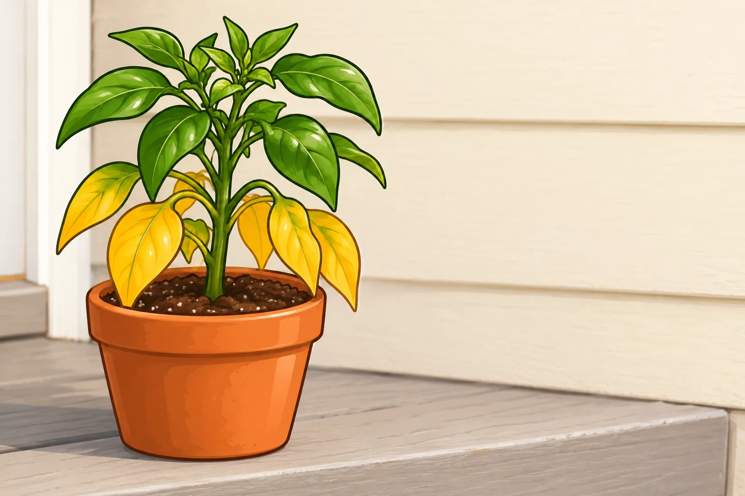 A potted pepper plant on a sunny windowsill with its lowest leaves turned yellow and its top still green.