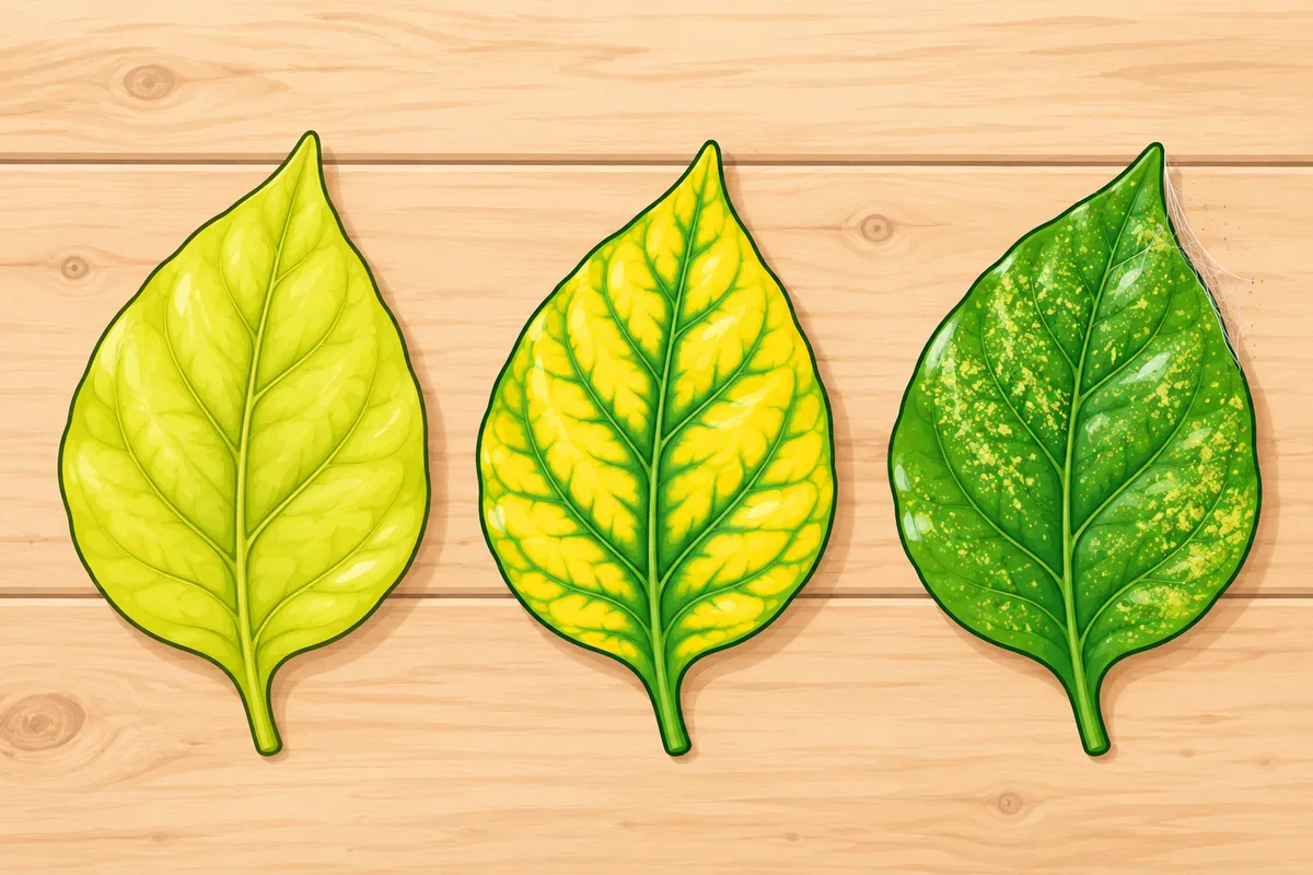 Three pepper leaves side by side: one evenly pale yellow, one yellow with green veins, and one green leaf covered in fine yellow dots.