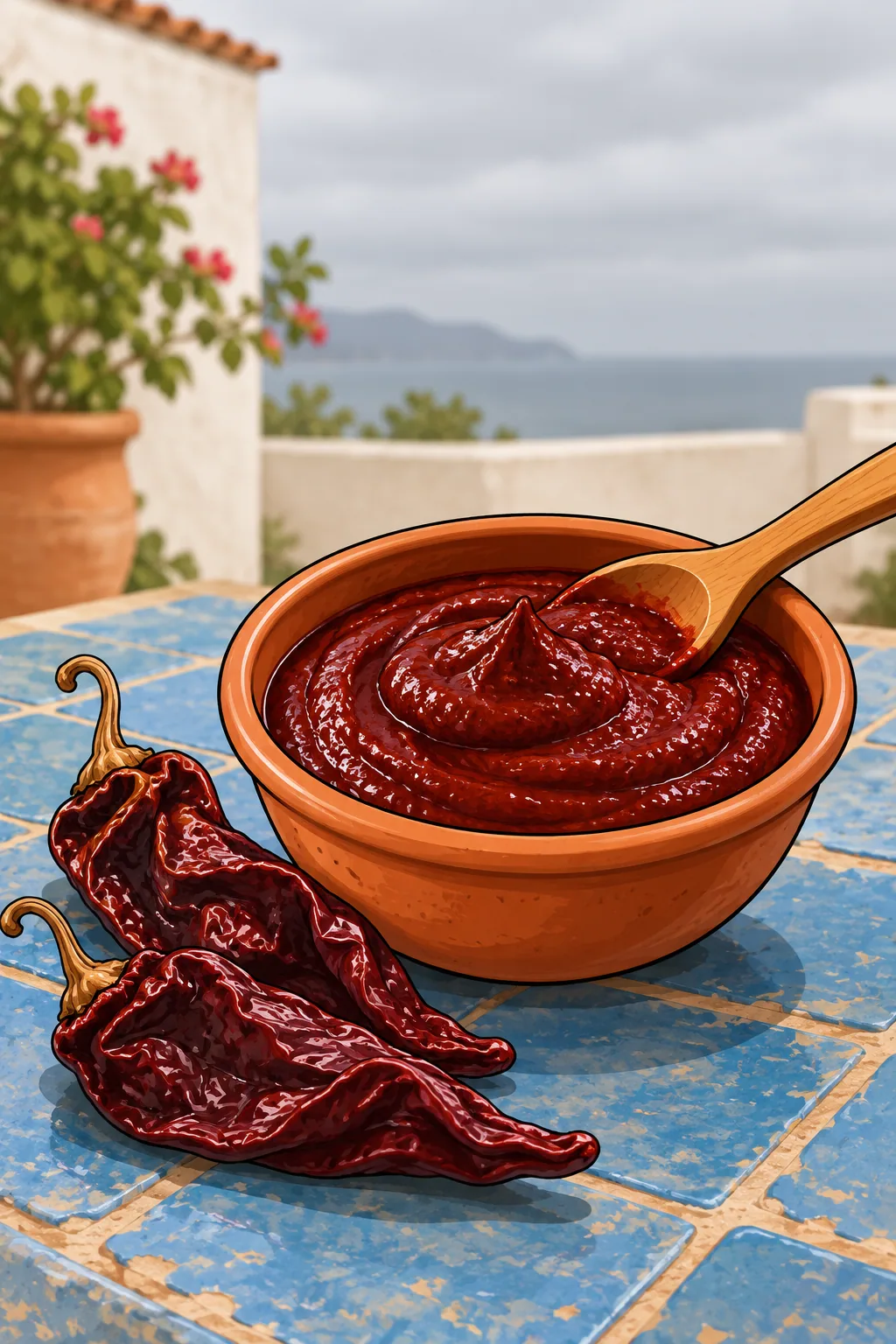 A round clay bowl of smooth, very dark brick-red chili paste with a wooden spoon, beside two dried dark burgundy aji panca pods on a blue-tiled table under an overcast sky.