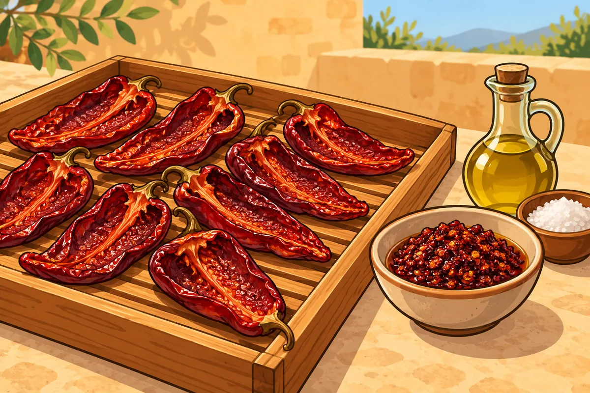 A wooden tray in the sun holds halved, seeded burgundy pods lying flat and leathery, with a bowl of oily coarse flakes, a bottle of olive oil and a dish of salt beside it.