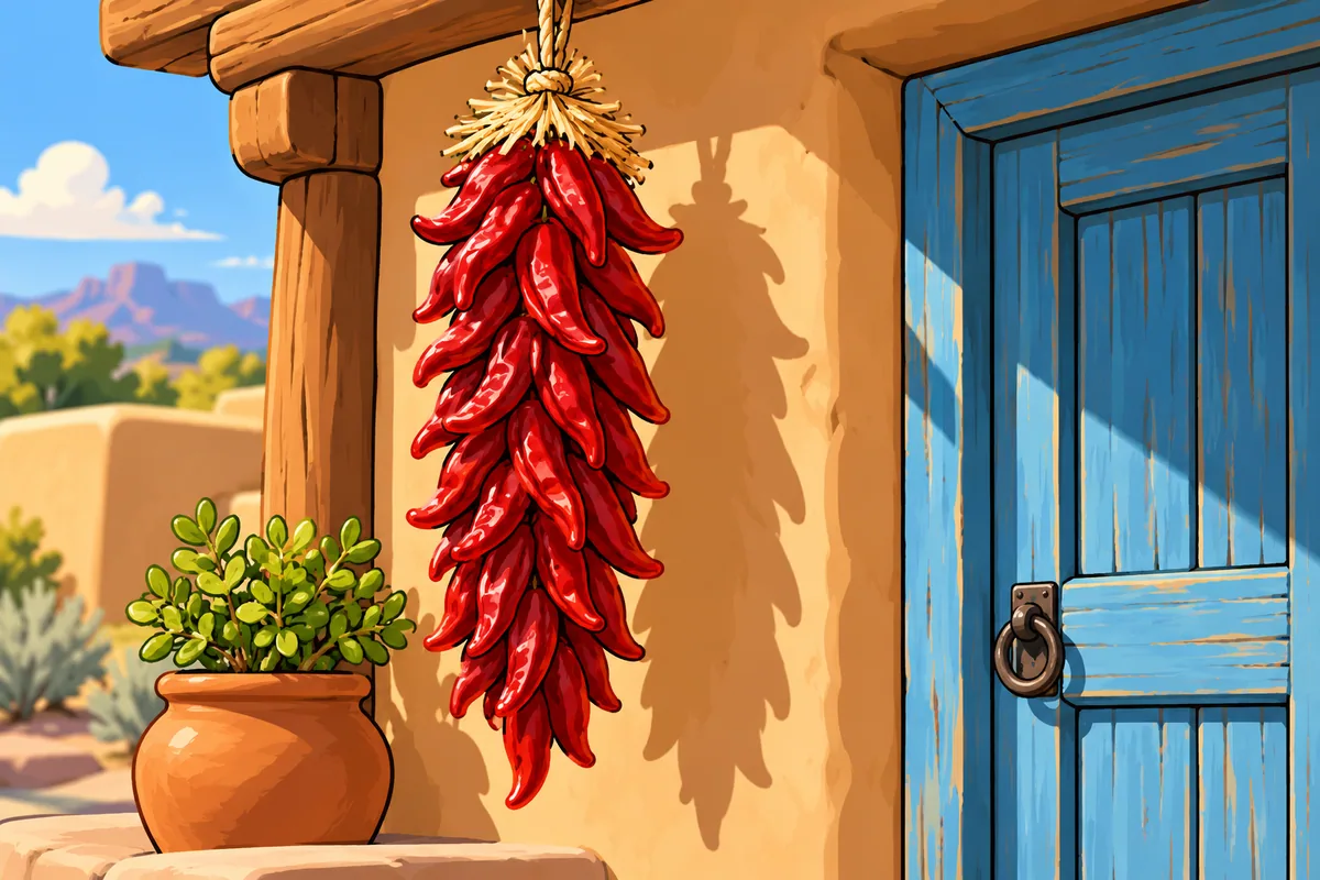 A long string of drying red New Mexican chiles hanging beside a wooden door on a sunlit adobe wall.