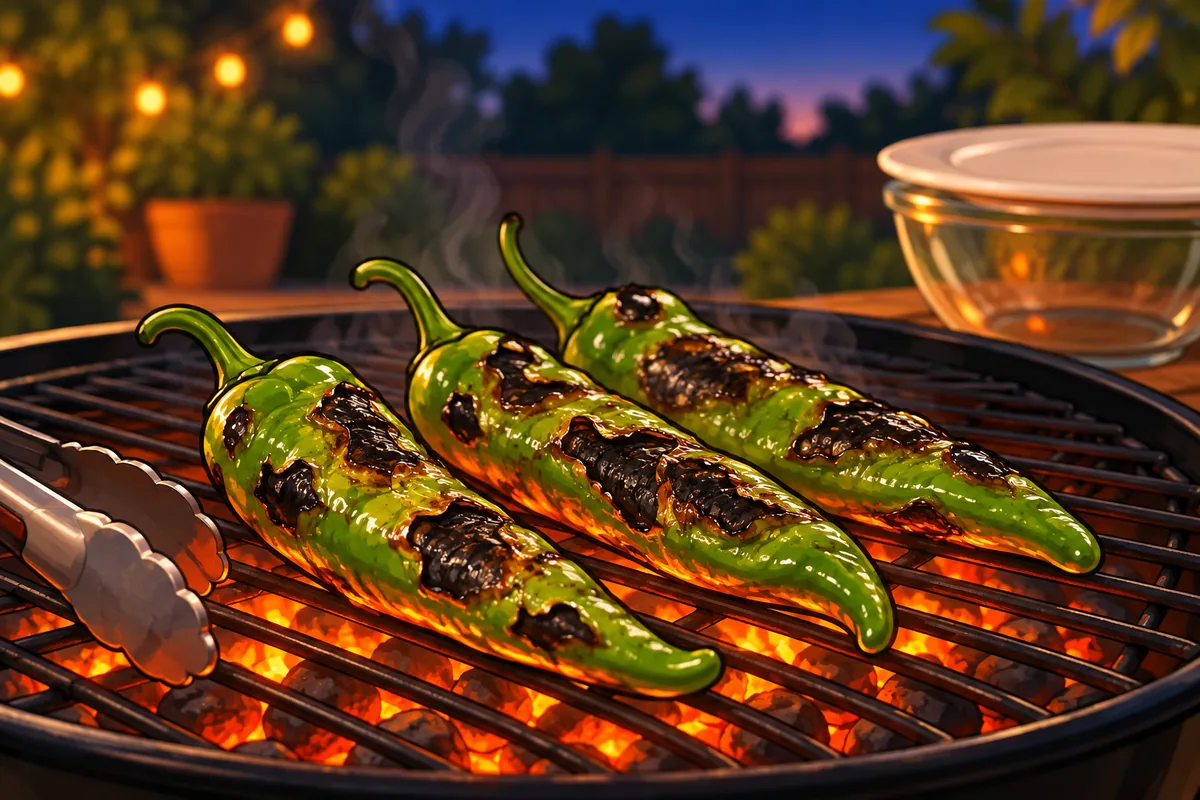 Three long green Anaheim chiles with blistered, blackened patches on a charcoal grill grate at dusk, tongs at the edge and a covered glass bowl waiting behind.