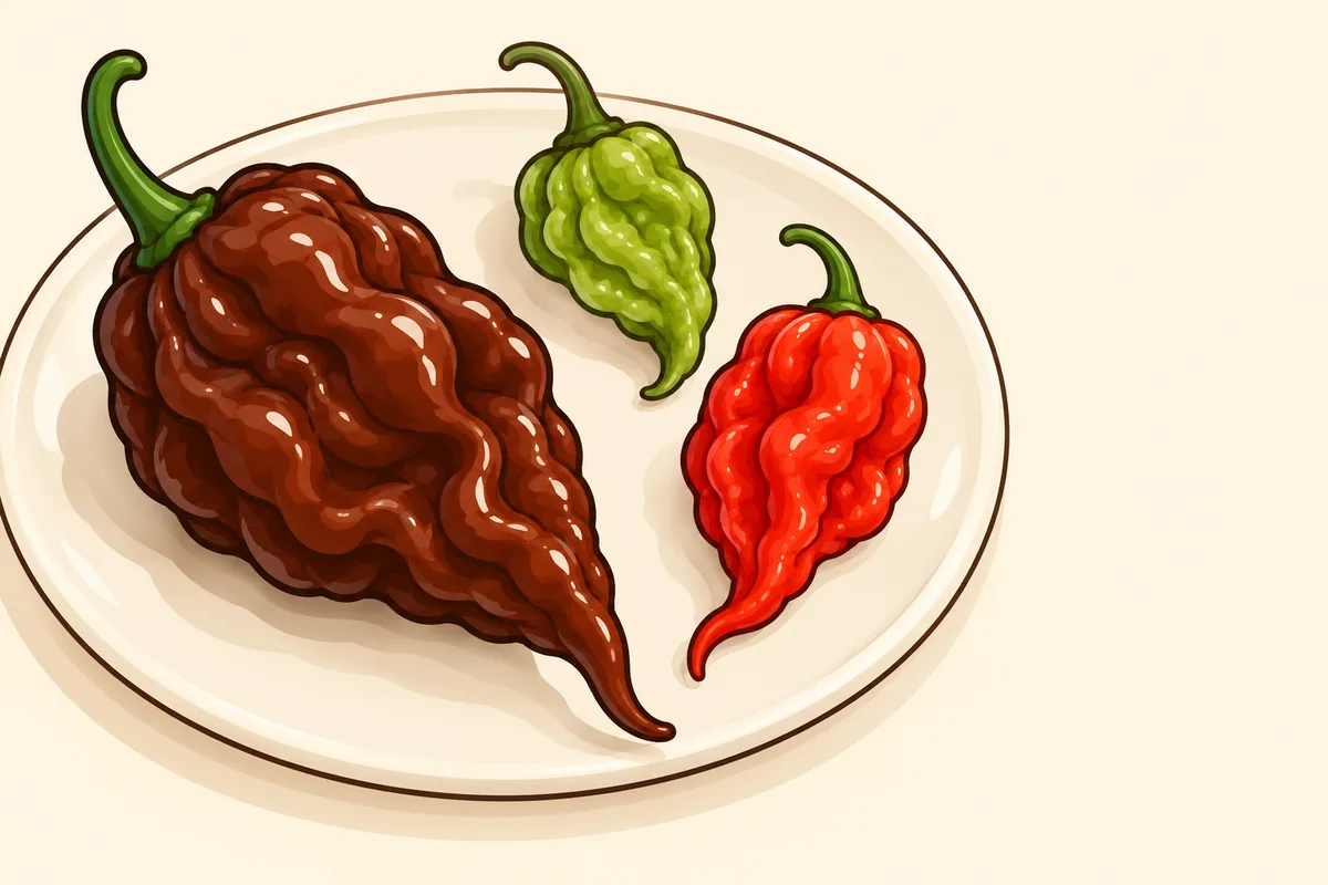 A wrinkled chocolate-brown pod with a pointed tail on a pale plate, with a smaller unripe green pod and a smaller red pod of the same shape beside it.