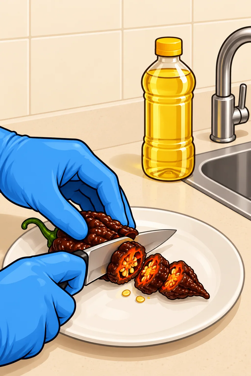 Blue-gloved hands cut a dark brown wrinkled pod on a white plate, with a bottle of golden vegetable oil standing beside a sink tap.