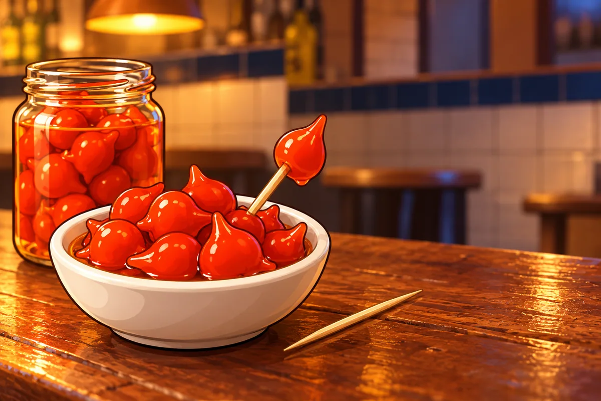 A small white dish of glossy red pickled biquinho peppers with a toothpick through one, beside a glass jar of more, on a wooden bar counter.