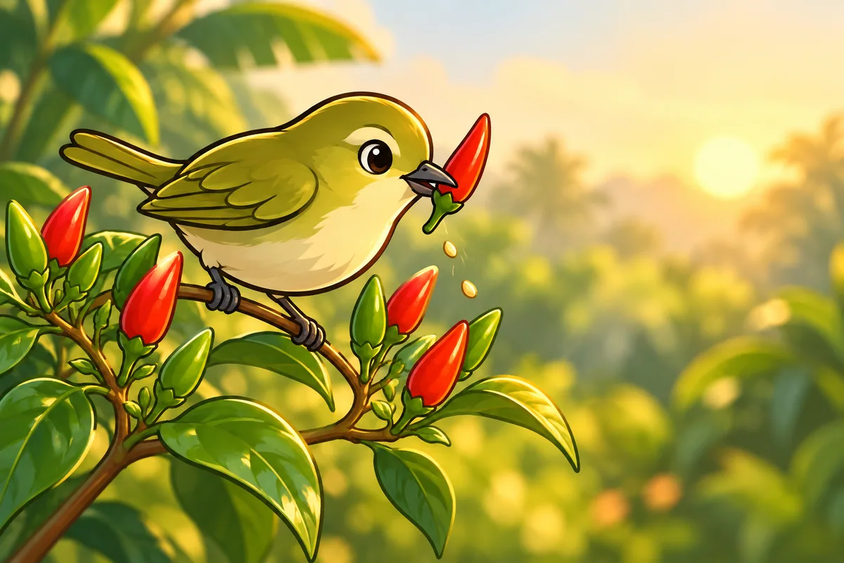 A small olive-green songbird on a chili branch holding a tiny red upright pod in its beak, with more red and green pods pointing up beside it.