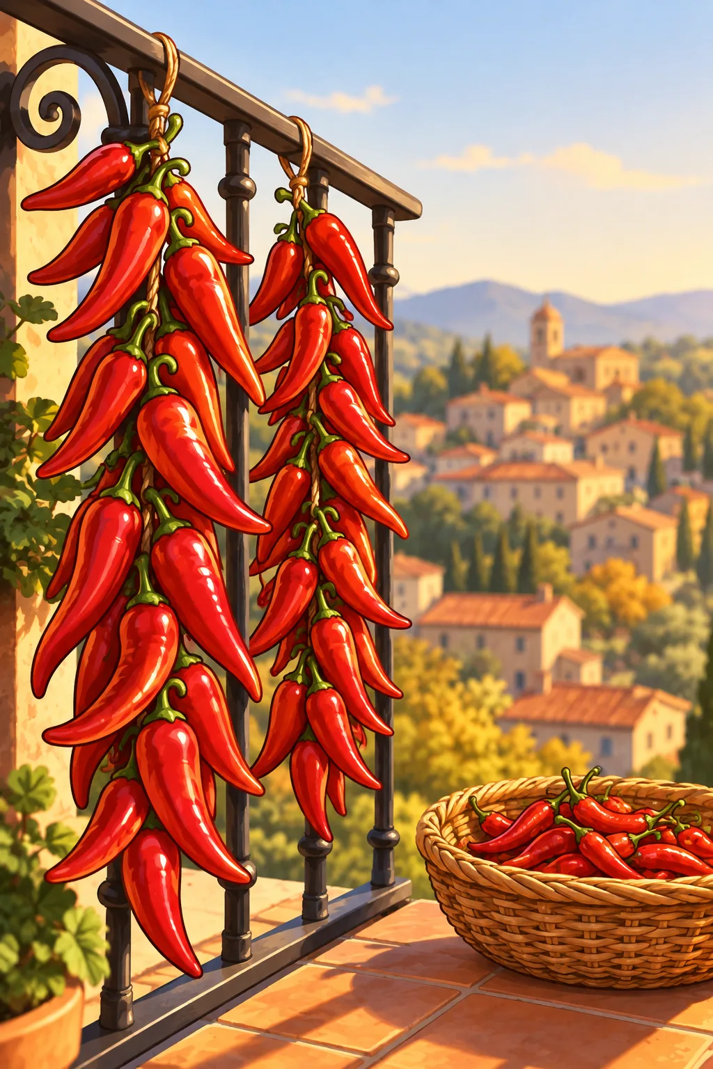 Two long strings of red cone-shaped chilies hang from a wrought-iron balcony rail above a hillside town, with a basket of fresh pods on the tiles.