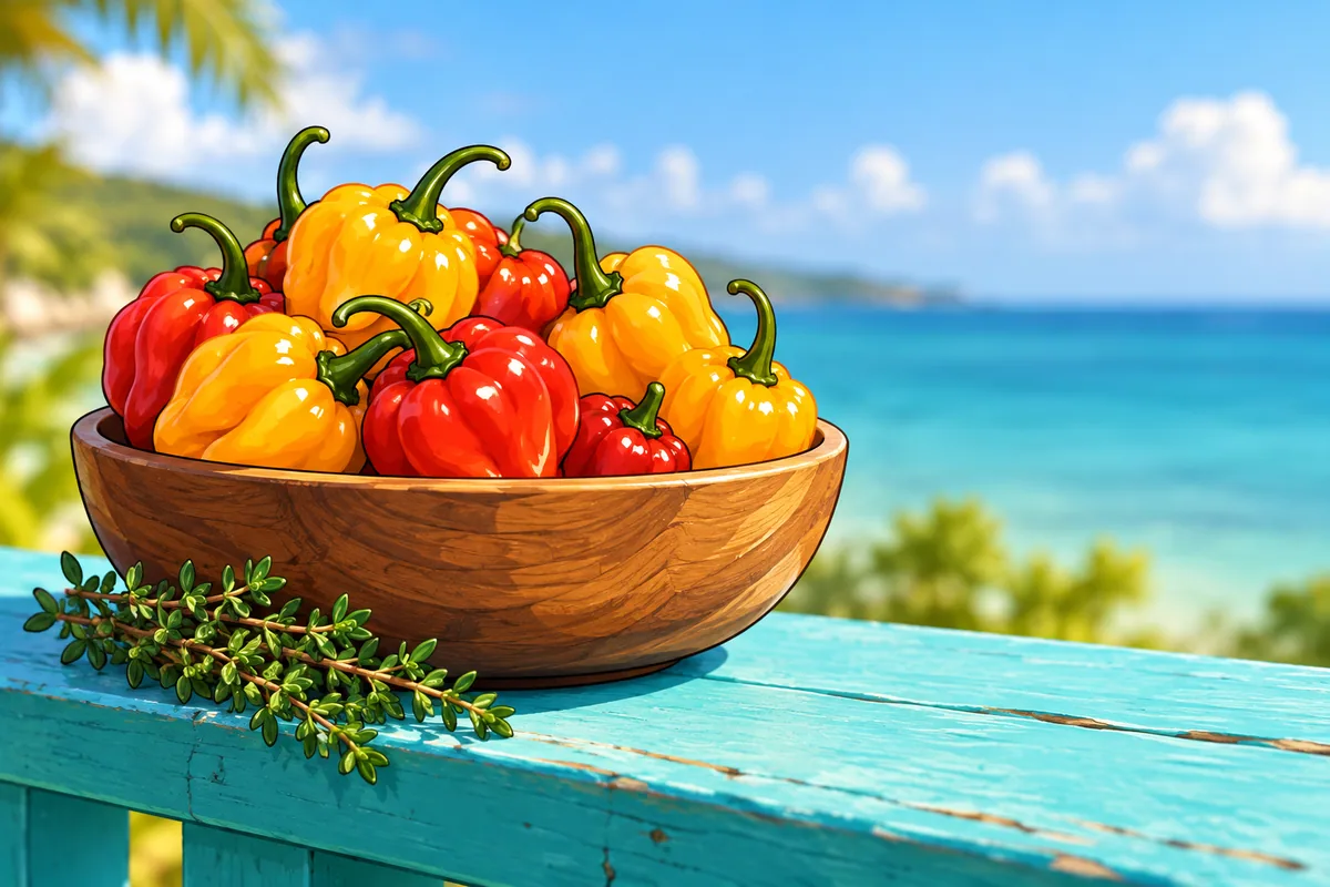 A wooden bowl heaped with squat yellow and red Scotch bonnet peppers on a turquoise porch rail, a sprig of thyme beside it and the sea behind.