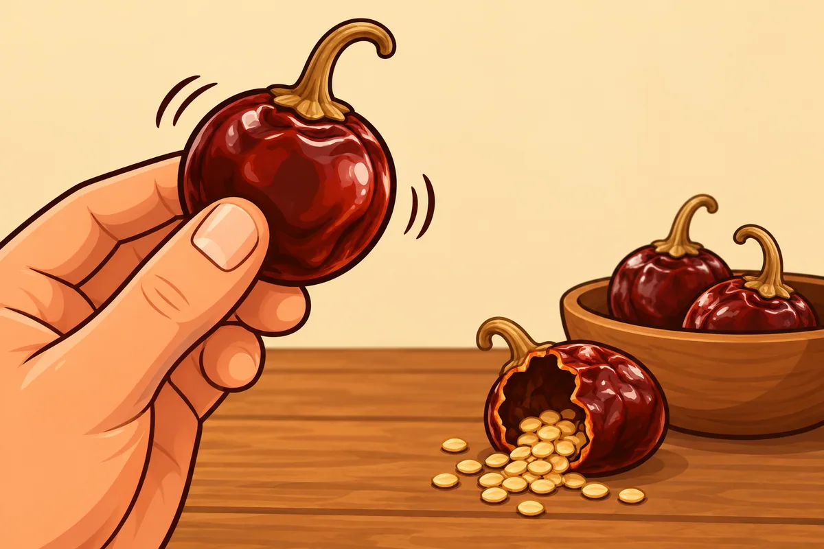 A hand shakes one round reddish-brown dried cascabel, with a cracked-open pod spilling pale seeds and a small bowl of whole cascabels on the table.