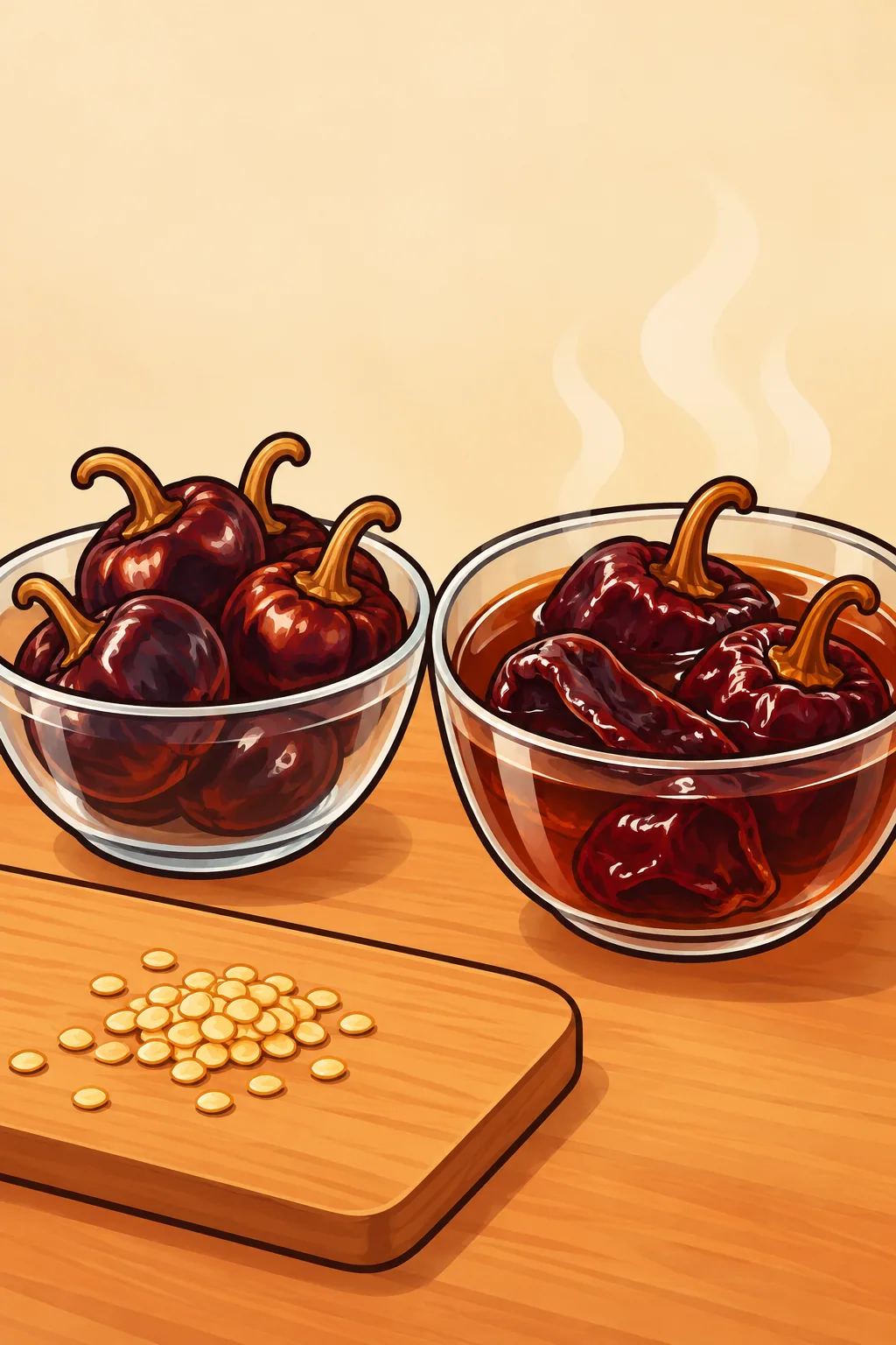 Two glass bowls side by side: dry round reddish-brown cascabels on the left, and the same pods swollen and dark in steaming water on the right.