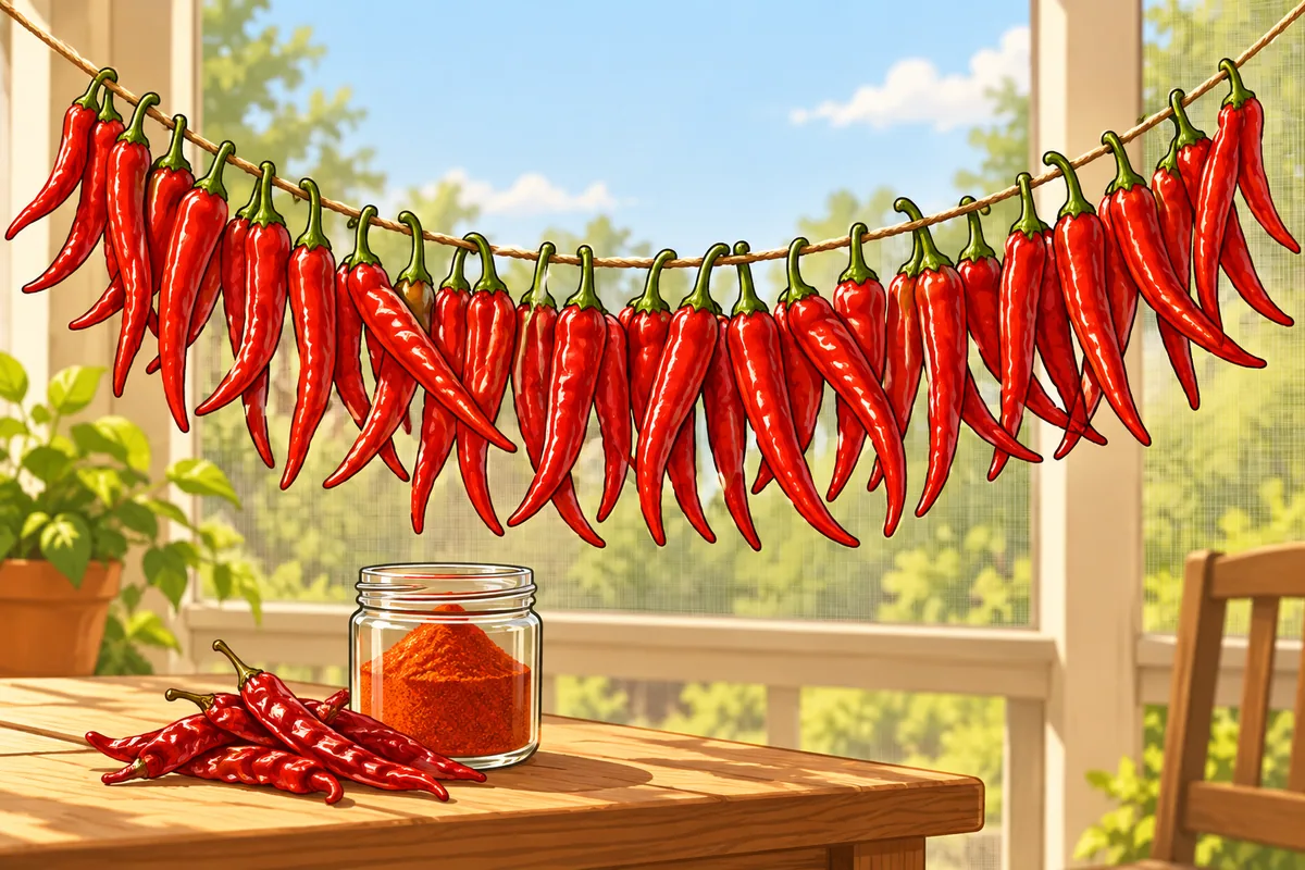 A long string of slim red cayenne pods hanging across a sunny screened porch, with a small jar of ground red powder and a few dried pods on a table below.