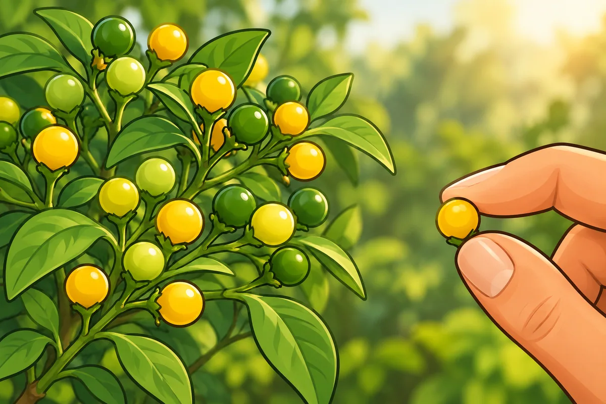 A leafy chili branch carrying about twenty tiny round pods in green, pale yellow and bright yellow, with a thumb and finger pinching one pod to show its size.