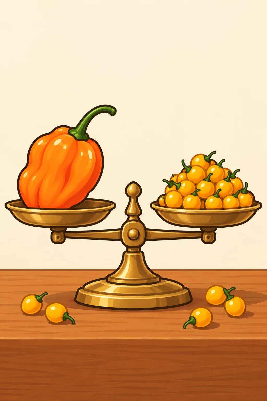A level two-pan balance scale with one orange habanero half on the left pan and a heaped pile of tiny yellow charapita pods on the right pan.