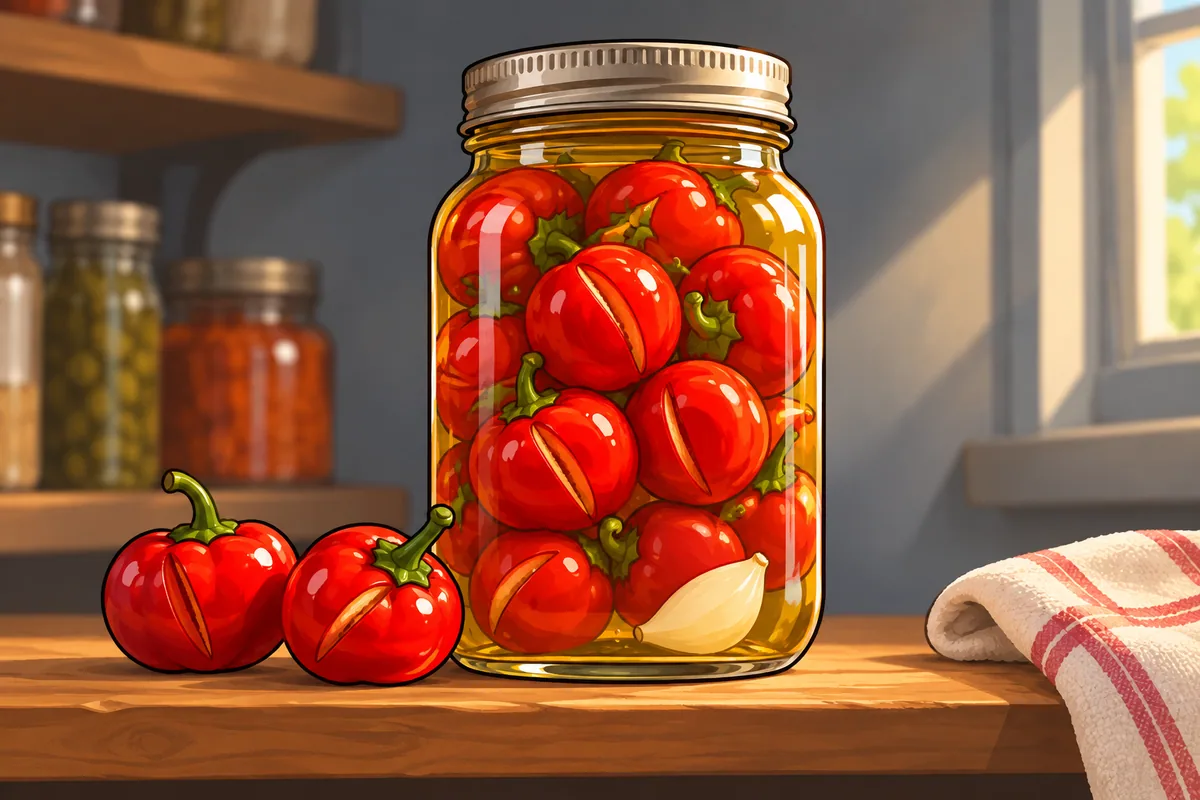 A glass pint jar packed with whole slit red cherry peppers in pale vinegar brine on a wooden pantry shelf, two loose peppers beside it.